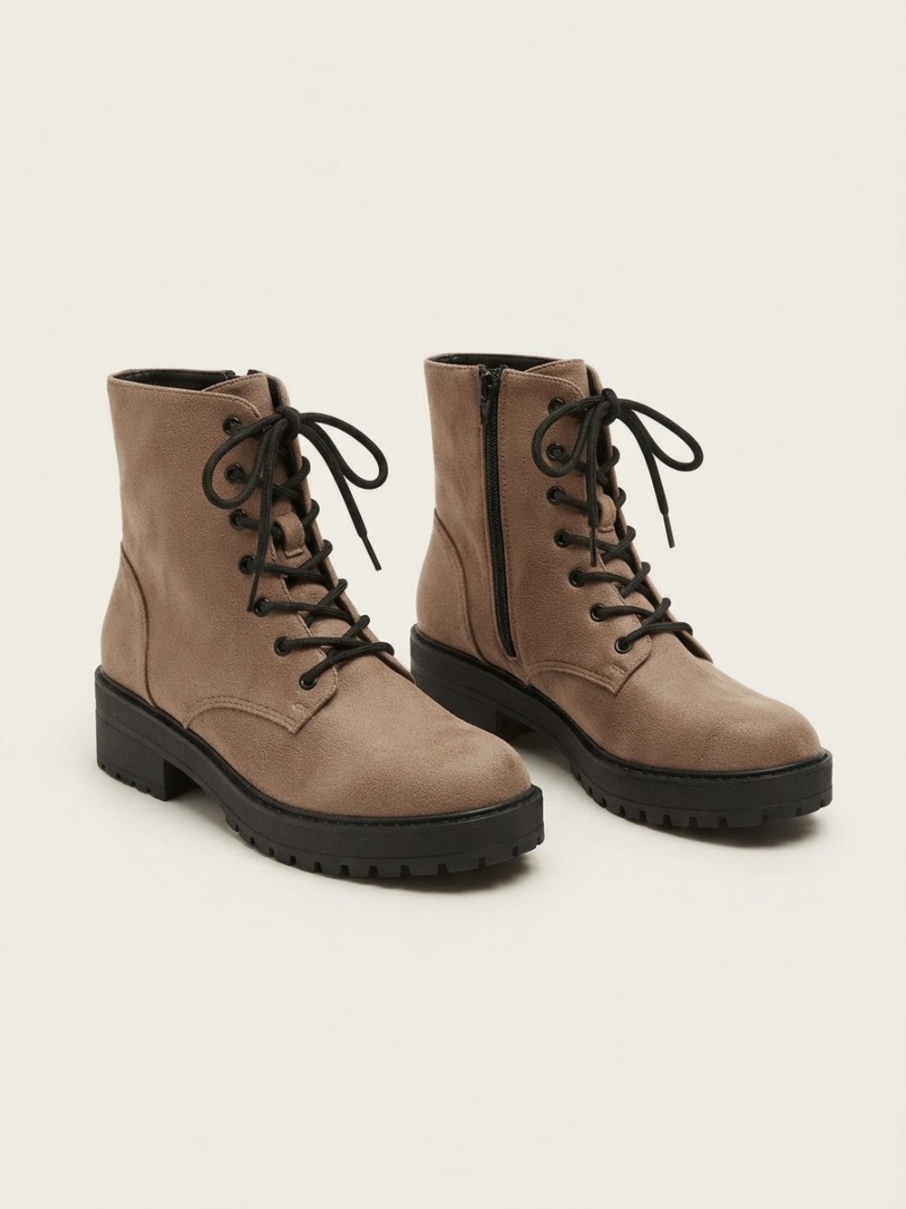 Taupe Lace-Up Combat Boots with Side Zip